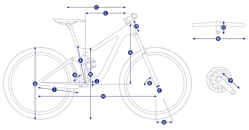 Frame diagram with measurement callouts A to Q